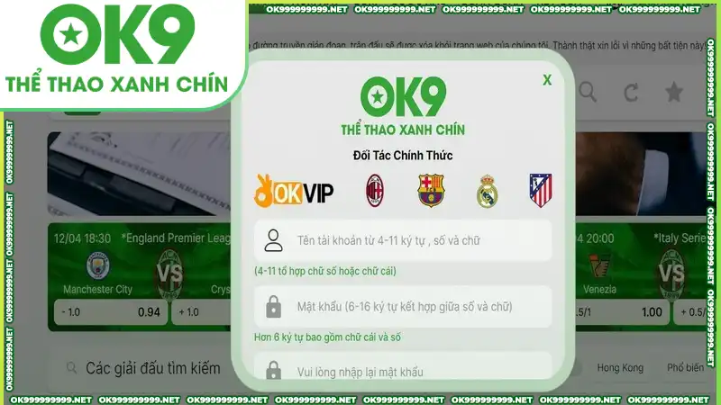 Bet thủ điền thông tin đăng ký OK9 đầy đủ theo yêu cầu của hệ thống